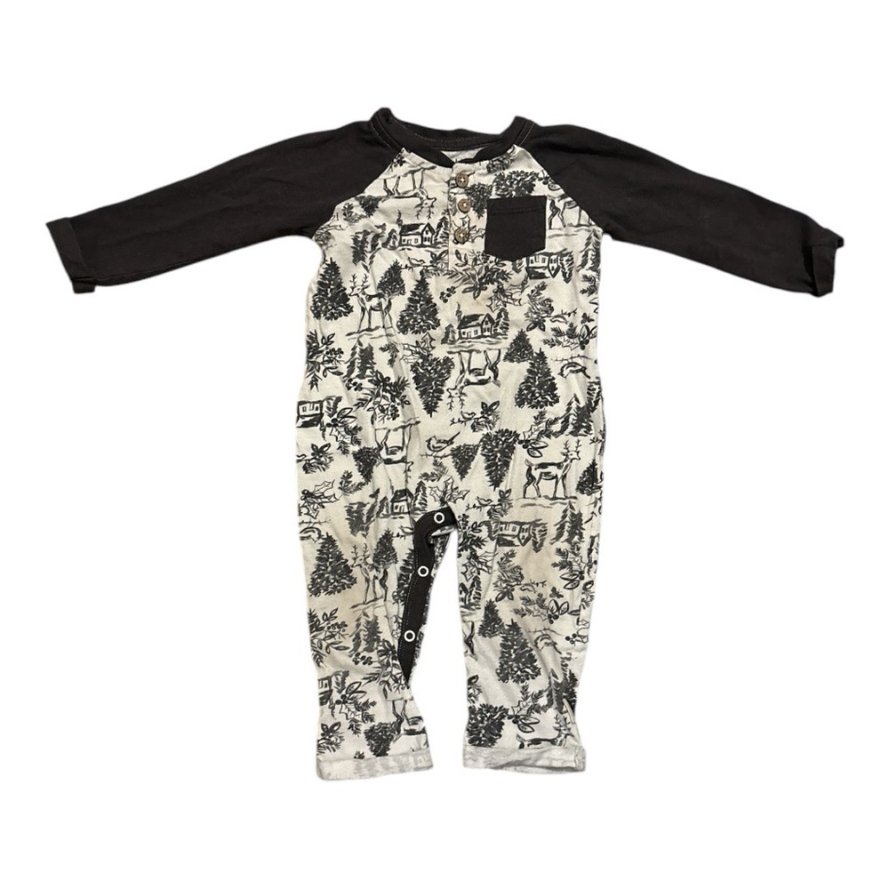 Burt’s Bees Baby Black and Cream Forest Print One Piece Size 12 months